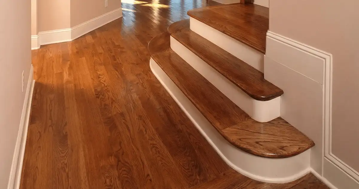 Base floor of a staircase with professionally restored wood flooring in Phoenix AZ
