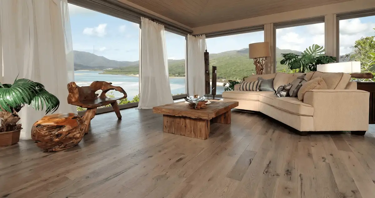 Professionally installed vinyl flooring in a modern living room with large windows in Phoenix, AZ